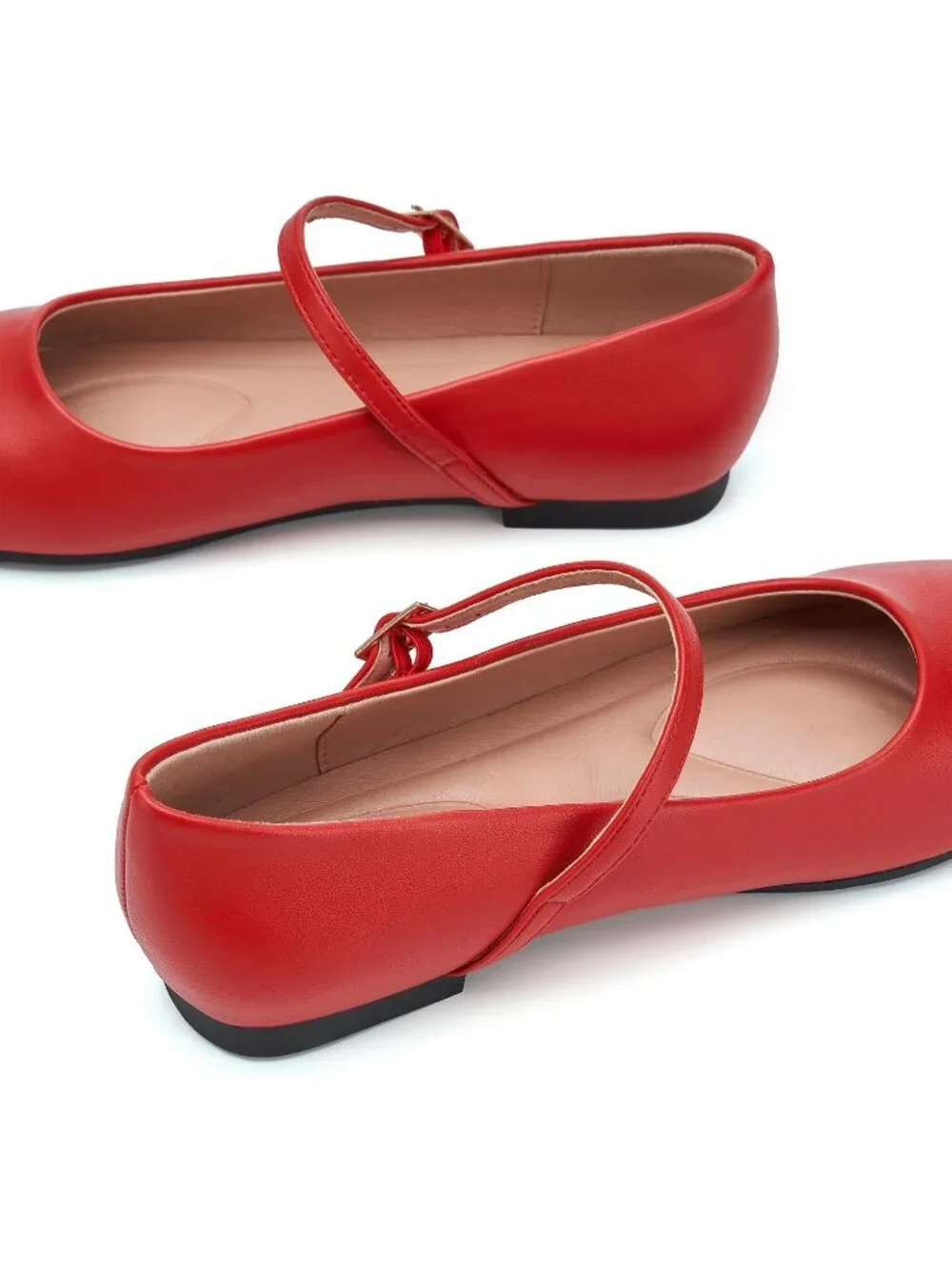 Women's Red Square Toe With Adjustable Buckle Strap Ballet Flat Slip On Shoes